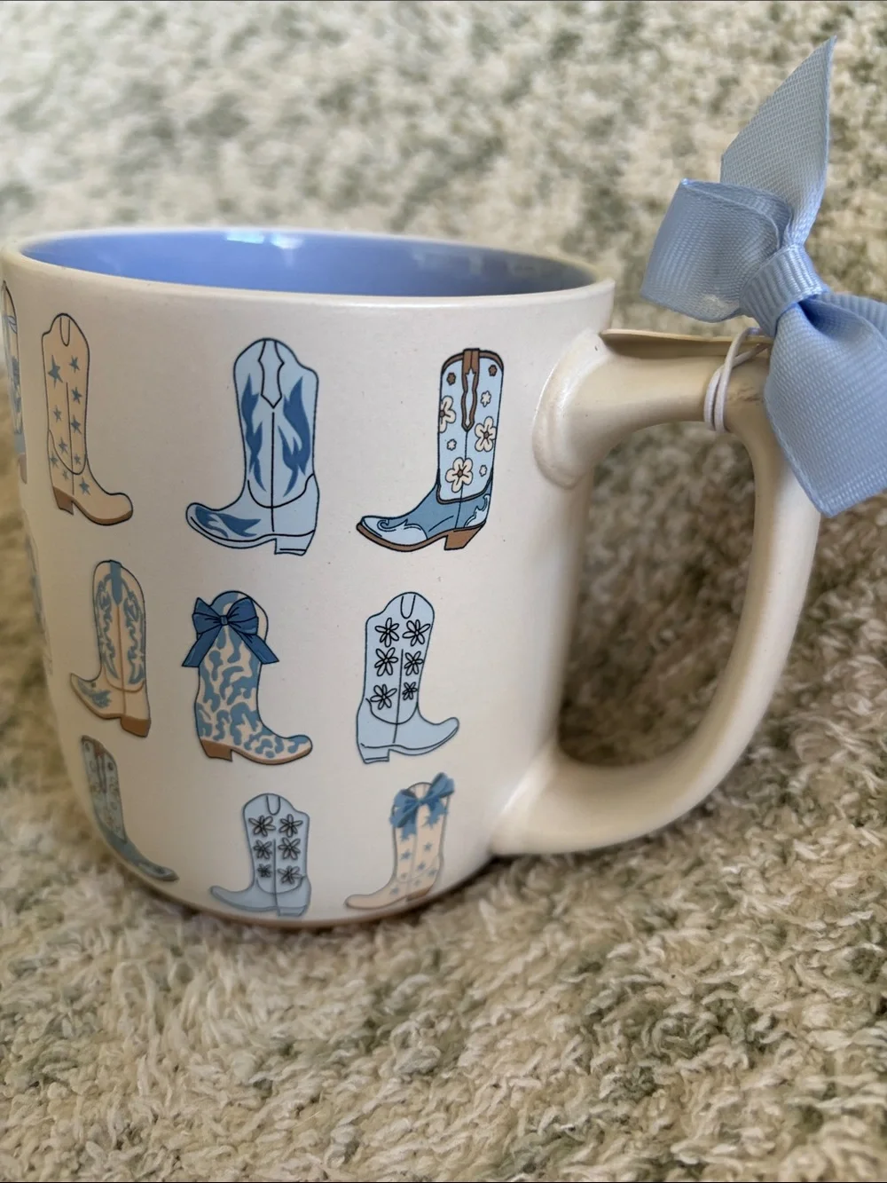 Cute Artisan Blue & Cream Cowboy Boot Ceramic Mug 16oz NWT Sunday Morning